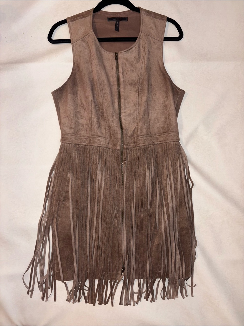 BCBGMaxAzria Taupe Fringe Suede Mini Dress - Picture 2 of 9